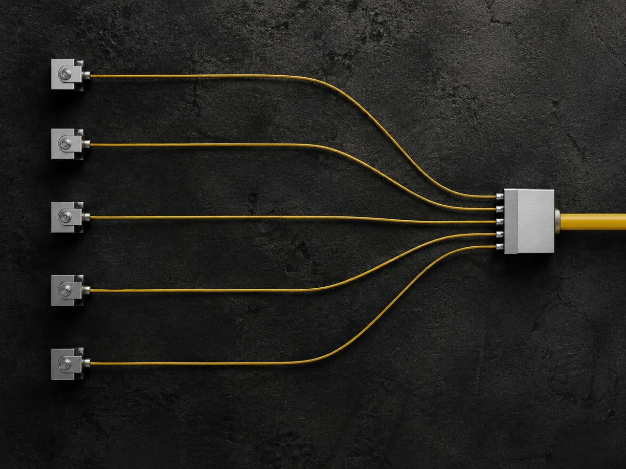 Individual yellow pathways converge into a single engineered connection.