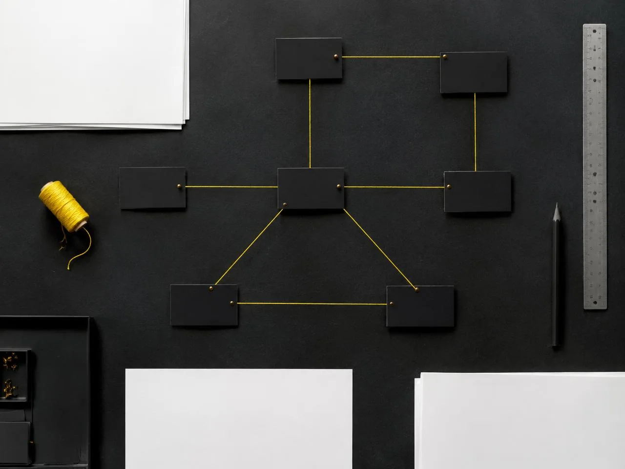A physical planning network drawn with yellow thread on a graphite worktable.