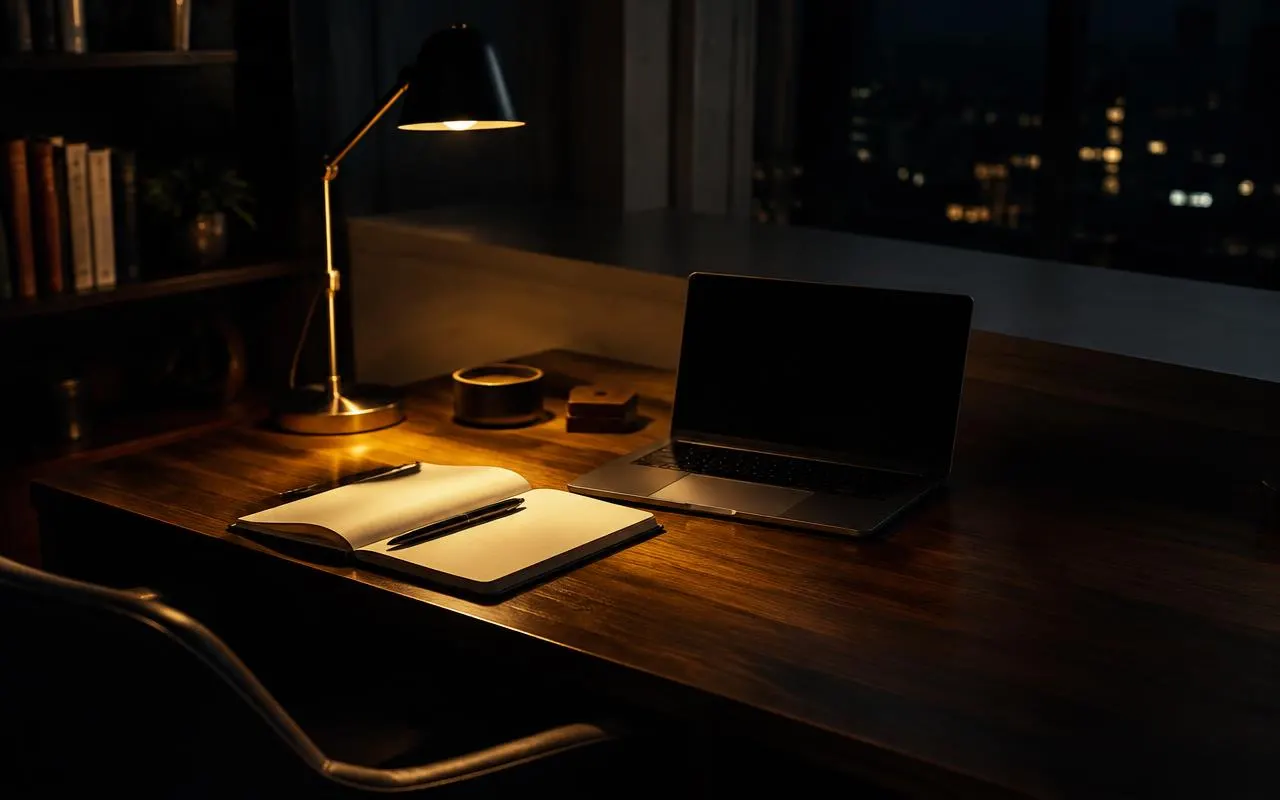 A study desk at night with an open notebook and laptop under a desk lamp