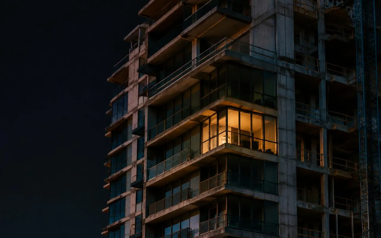 A residential tower at dusk with one show apartment lit in warm light