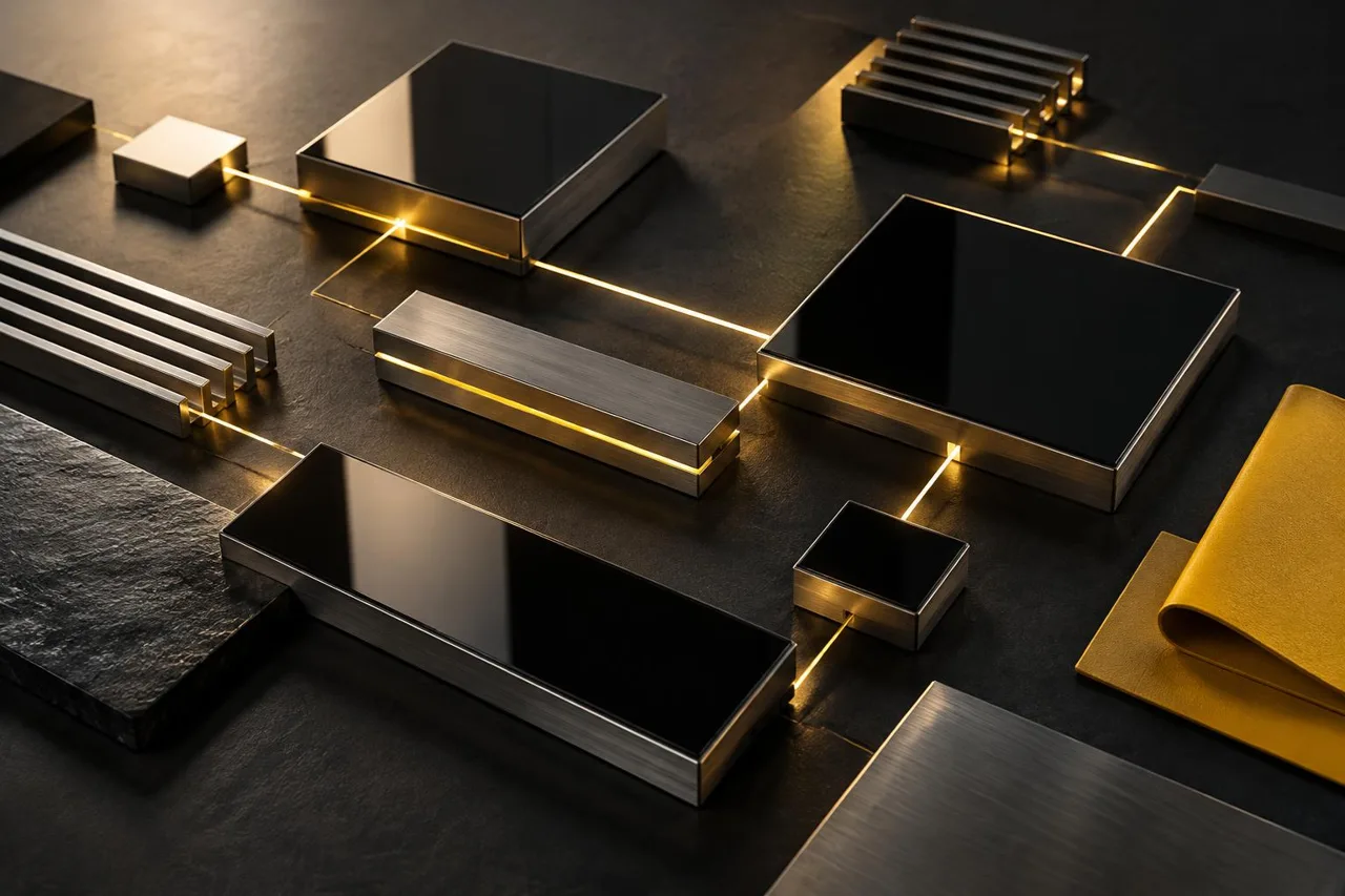 Black glass and machined metal modules connected by fine yellow paths.